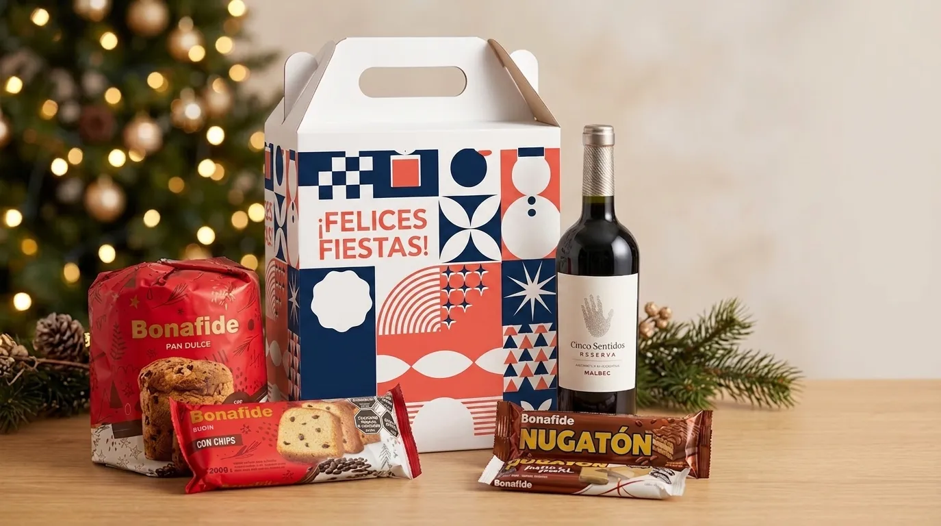 Caja navideña de La Rañatela con diseño geométrico en rojo y azul, junto a pan dulce, budín y una botella de vino sobre una mesa de madera